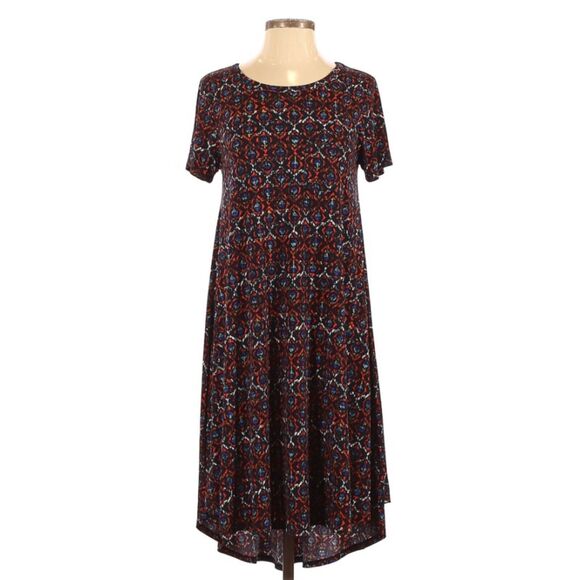 xLuLaRoe XXS Dress Carly Swing Blue Red Hilo Short Sleeve Scoop Neck Slinky - Picture 1 of 9